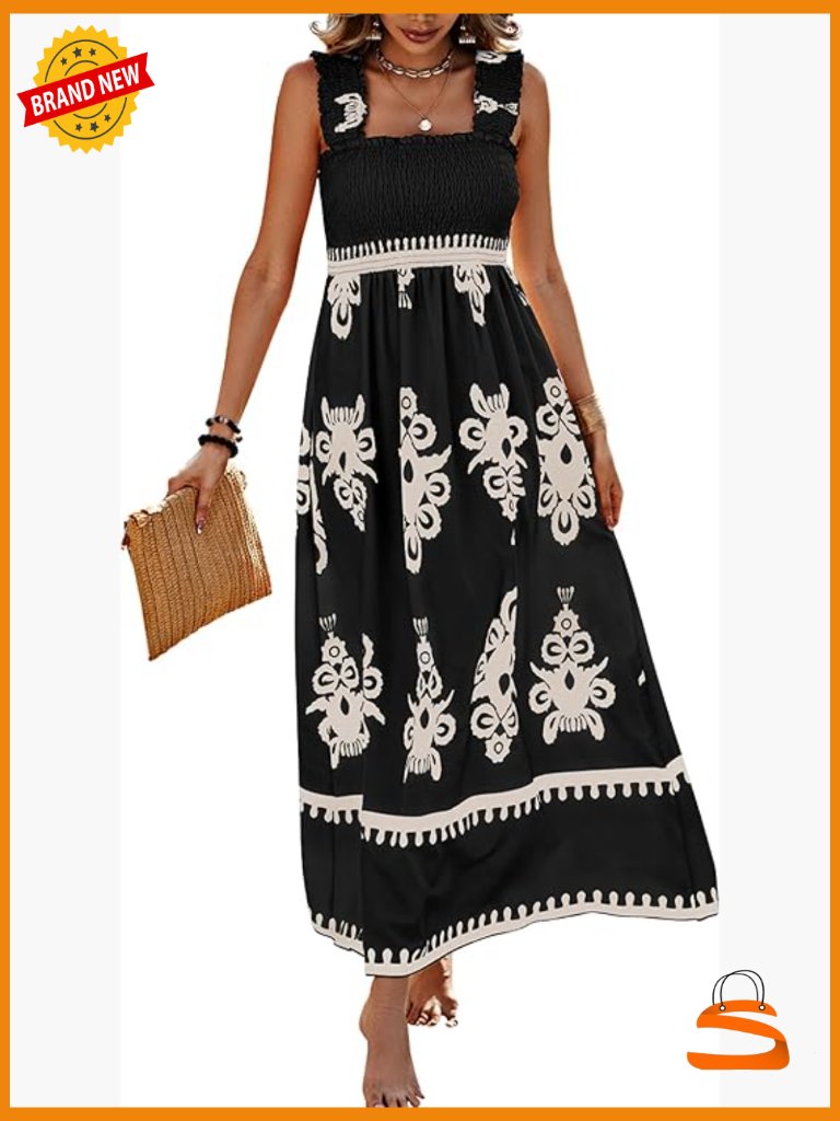 Sleeveless Square Neck Boho Maxi Dress With Pockets A-Line Smocked Waist Tiered